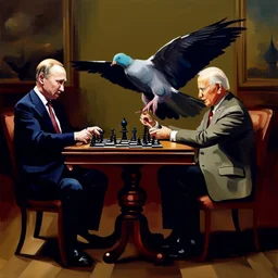 Putin, President Xi Of China And Joe Biden Play Chess With A Pigeon,Ufo And Atomic Bomb Mushroom Cloud,Complex Surgical Instruments Intermixed With A Newborn Boy,Minimalism,Painting By Adrian Ghenie,Rene Magritte,Pablo Picasso,Michelangelo,Salvador Dali,Lucian Freud