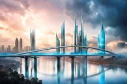 Dreamlike Skyline of Downtown futuristic hightech city in 4050 and a stunning futuristic Bridge During. dark sky, grey and black clouds , storm, dark azur-blue river, cold colors, come storm, rain, high detalied, sci-fi, landscape