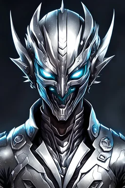 Logo silver skinned anime Dragman cyberpunk with dragon mask in his eyes (((full body)))