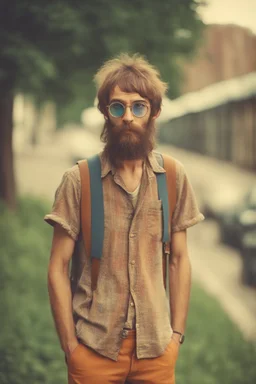 Hippie bohemian young man with Parisian bohemian look and glasses of colours and poor and short short short and poor hair on the head with receding hairline. Farsightedness glasses with big eyes. Long beard. Vintage look and feel like photo styleof the 70s