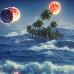 1980's vaporwave aesthetic palm trees with lightning with lunar eclipse moon crescent in the ocean waves sunset