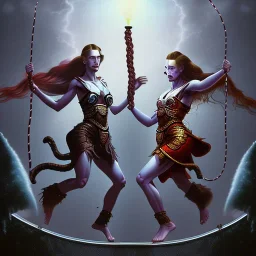 Two women skipping with a rope, demons and angry gods fight in the background, in the style of a Michael Moorcock book cover.