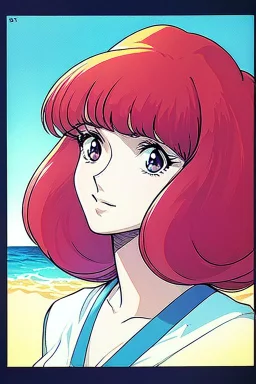 1girl, retro anime, 80's, redhead,portrait, synth-wave colors, beach
