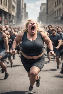 an obese terrified blonde woman crying and sobbing in a crossfit outfit desperately running away from an angry mob of thousands of people chasing her down a city street while she is flailing her arms for dear life