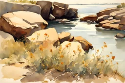 Clludy day, rocks, cliffs, arid land, river, weeds, winslow homer watercolor paintings