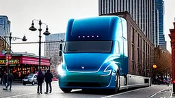 A Tesla semi-truck is racing at top speed, across the 'Pike Place Market', in Seattle. CINEMATIC. WIDE ANGLE LENS. PHOTO REAL.