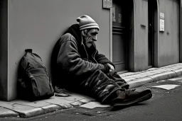 One single mature homeless huge penguin with worn out clothes, short trouser, t-shirt, sitting in a corner on the street, wine bottle , Vienna, mourning, model style, hyper realistic, extremely accurate, delicate, extremely detailed, Graphic novel style, wide-angle, open aperture, superfine pencil