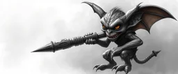 air brush 3d with pen outline, mongrel goblin gremlin holding rocket, charcoal fog border