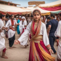 Hyper Realistic cultural Pushto girl doing traditional attan dance with traditional desi cloths in a cultural area with other people in a cultural market