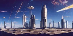 Spaceport on a heavy industrialized planet with futuristic high rise buildings with glass facades in the background and spaceship tacking off in the foreground, art by John Berkey, brutalist architecture, insanely detailed, vibrant, 8k uhd, blue sky with clouds, cinematic atmosphere, ultra-wide angle, street level view, brush strokes, sharp focus