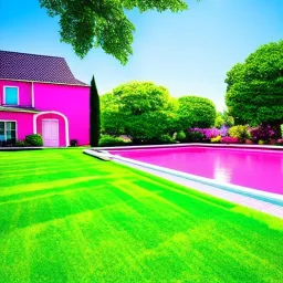 pink houses, green lawn, sunny, swimming pool