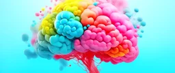 brain, in Cotton Candy bubbles cloud, multi colour, bubbles , balls forming out, floating to right, splashes of colour as they burst