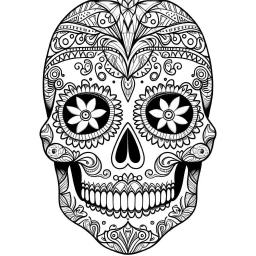 sugar skull, "Intricate Calavera Designs", full view, realistic face, coloring page, only draw lines, coloring book, clean line art, –no sketch, color, –ar 3:4, white background, minimalistic black lines, minimal black color, low level black colors, coloring page, avoid thick black colors, thin black line art, avoid colors, perfect shape, perfect clear lines,