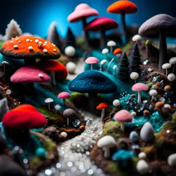 Close-up photograph of a landscape made of felt, animals, fungi, crystals, mineral concretions, extreme detail, intricate, colours, Tim Burton, rich moody colors, sparkles, bokeh, 33mm photography