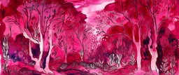 A pinkish purple and reddish magenta forest with fungi designed in cave paintings painted by Jackson Pollock
