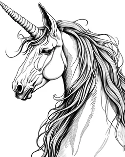 b/w unicorn two ears low detail correct character white background wide mane