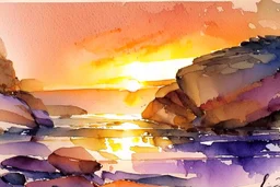 Sunset, rocks, fantasy, mountains, epic, john singer sargent watercolor paintings