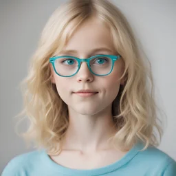 Picture of girl with blonde hair shoulder length green eyes and blue glasses