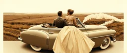 arafed image of a couple riding in a car on the back of a car and a woman in a dress, nouveau realisme decollage, multiple views, 1 9 5 0 s style, by Igor Morski, modern car design, panoramic photography, by Richard Hamilton, sepia photography, diptych, v - ray collection, 1 9 5 0 s concept art ) ) ), panoramic anamorphic, renault, gray anthropomorphic, hyperrealistic mixed media, triptych, archival, peugeot prestige, white steam on the side, diptych, storyboard, james turrel, inspired by Laurie