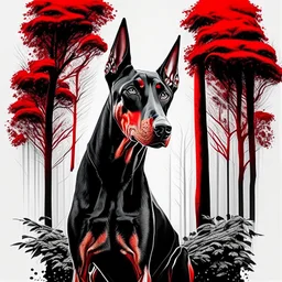 Doberman dog sitting, front view, full body, ink lineart red white black pointy ears trees, front view