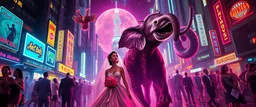 late night cyber punk city wedding couples promenade portrait of a bear ant eater squid elephant horse dragon floating in 4 dimensions, goa trance movie poster, stylized art, weird endless plants in the style of Dali and Rembrandt