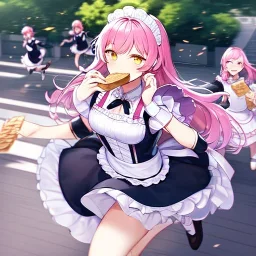 Clear focus,High resolution,High quality, Smiling, Pink long fluffy hair, Yellow eyes, Wearing a pink maid outfit, running with toast in her mouth