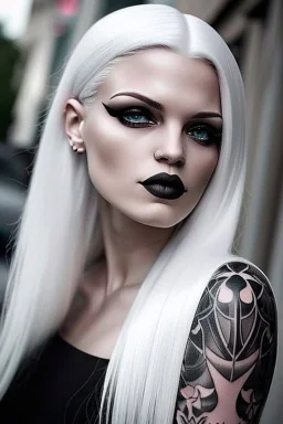 a woman white hair luxury stlye tatto in a street