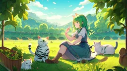 Girl, green hair, cat paws on hand, farm, sit