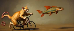 master oil painting by Rembrandt, cat octopus orc fish salamander running marathon with a bike