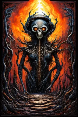 sacred destruction; in the style of Giger and Hundertwasser