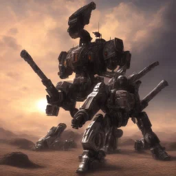 Armored Core fly in the sky in the desert with beside the ocean where you can see the space in the sky with twilight on the horizon, 4k resolution