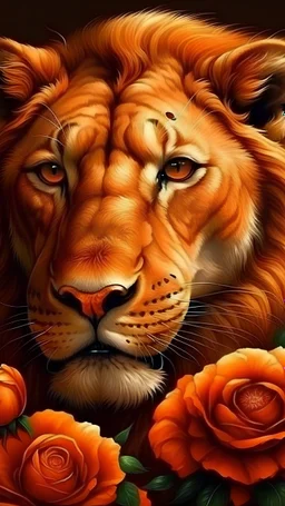 realistic lion in orange roses Fierce. Beautiful