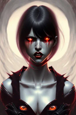 Vampire girl, cute, beautiful, white eyes, red lips, black hair, vampire tooth with bangs, goth, close up portrait by Greg Rutkowski