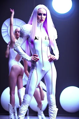 White woman with long purple hair, a good, athletic body, nice legs, and a large bust, dressed in a white latex mini suit and white boots, stay in an alien-like technological ship, black ground moon and stars