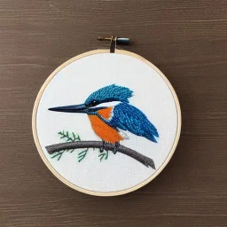 kingfisher in embroidery hoop, intricate, highly detailed