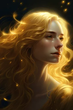 Een meisje met goudkleurig en lichtgolven haar dat tot halverwege haar rug hangt. Haar ogen zijn goudkleurig en ze is heel bleek.