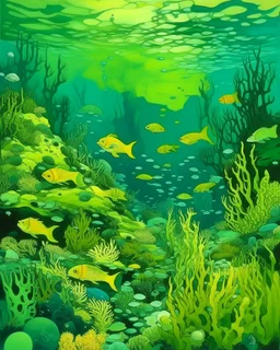 A lime green underwater reef with poisonous fish painted by Edward Hicks
