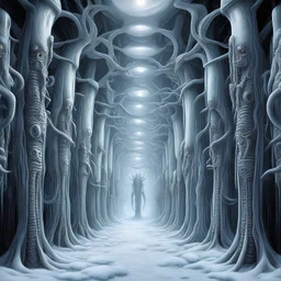 Infinity Stretch of sinister snowman sentinels lining an alien winter hall hooked up to freezer units, by H.R. Giger, biomechanics, the ice chamber, dark colors, by Dariusz Klimczak, by Dave Kendall, by Joel Perter Witkin, colorful, horror surrealism, weird winter-scape, primary cold colors, smooth