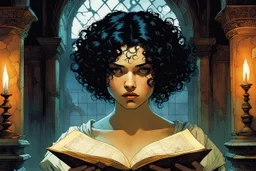 create a young vampire girl with short curly black hair, studying an arcane manuscript in a ruined Renaissance parlor, in the graphic novel style of Bill Sienkiewicz and Jean Giraud Moebius, highly detailed facial features, grainy, gritty textures, dark and foreboding, otherworldly and ethereal