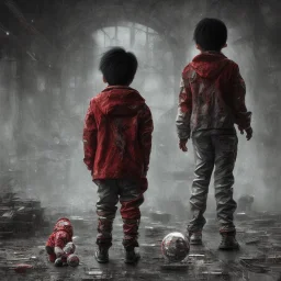 photo from behind, only Distant Japanese child boy, black hair, sitting on floor, akira red jacket with pill in the back, post apocalyptic, rain, extremely detailed, extremely realistic, af