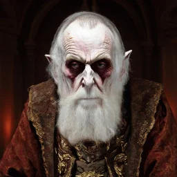 very grainy discolored modern photo, closeup portrait, dark ancient hall with no lights, grunge, extremely old male with chalk-white skin wearing old dashing and opulent gilded clothes, threatening, imposing, nosferatu