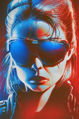 Photo of a half broken female Terminator, with dark sun glasses, bright red eye, Hollywood movie poster style, atmospheric blue light night time, high contrast dark moody lighting.