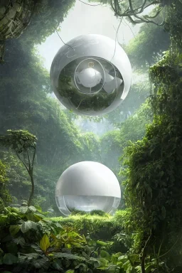 white futuristic mage house covered in plants, hanging vines, floating inside an enormous spherical chamber, cinematic, epic, dramatic lighting, cinematic view, epic sky, detailed, concept art, low angle, high detail, warm lighting, volumetric, godrays, vivid, beautiful, trending on artstation, by jordan grimmer, huge scene, grass, art greg rutkowski