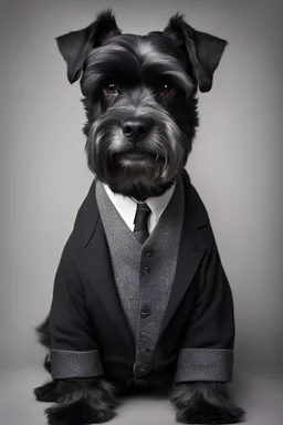 a very black old handsome mail schnauzer with human man clothes