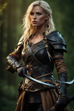 blonde female hunter with a bow wearing leather half armour dark fantasy Realistic 4k