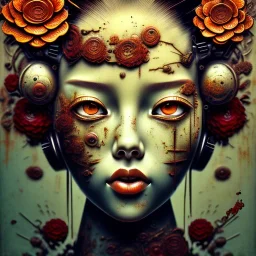 an abstract painting of rusted metal and flowers, Geisha portrait, rust, scaffolding, iron cladding, decay, mixed media, textured, anatomically correct, beautiful perfect face, sharp focus, highly detailed