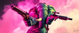 cute pen outline with some neon airbrush, let create a crazy wild elephant mind flawyer man holding guns and doing dangerous stuff - dynamic camera push-in revealing intricate details in motion. Epic cinematic wide-angle camera swoops down, hazy neon background with gritty border