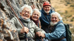 Elderly pensioners rock climbing. Everyone is happy. Photographic quality and detail, award-winning image, beautiful composition.