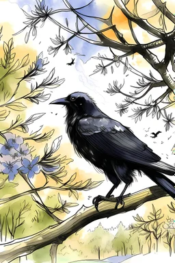 A drawing of a crow standing on a tree branch, the background is trees and flowers, and the weather is sunny