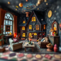 Photograph hasselblad h6d400c --ar 85:128 --v 6.0 of a fairy old bewitched house living-room, made of felt, art, 3d deep field, light tiltshift, wide angle landscape scene, galaxies, creepy, Joan Miró, Max Ernst, needlepoint, abstract silhoutte, expressionist style, colorful holiday